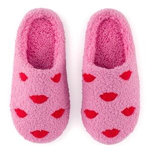 Just Give Me a Kiss Pink Slippers with Red Lips Design